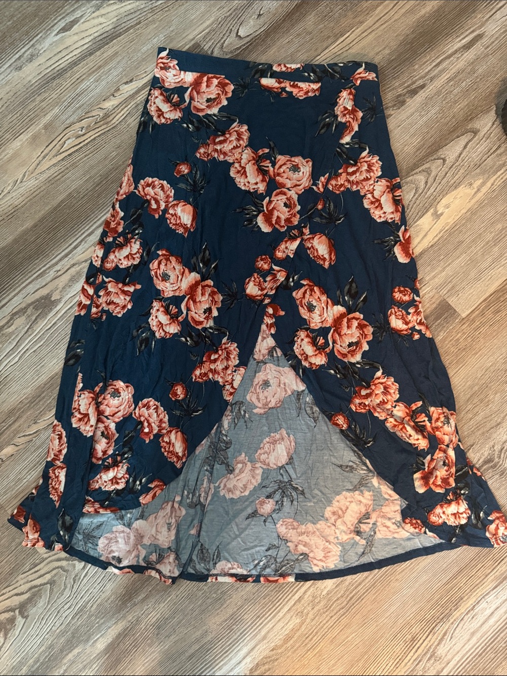 Charlotte Russe Navy Wrap Skirt with Rust Floral Print